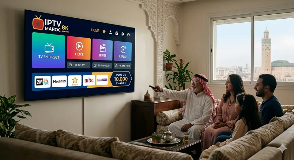 Famille marocaine regardant IPTV Maroc en 4K sur Smart TV — plus de 10 000 chaînes